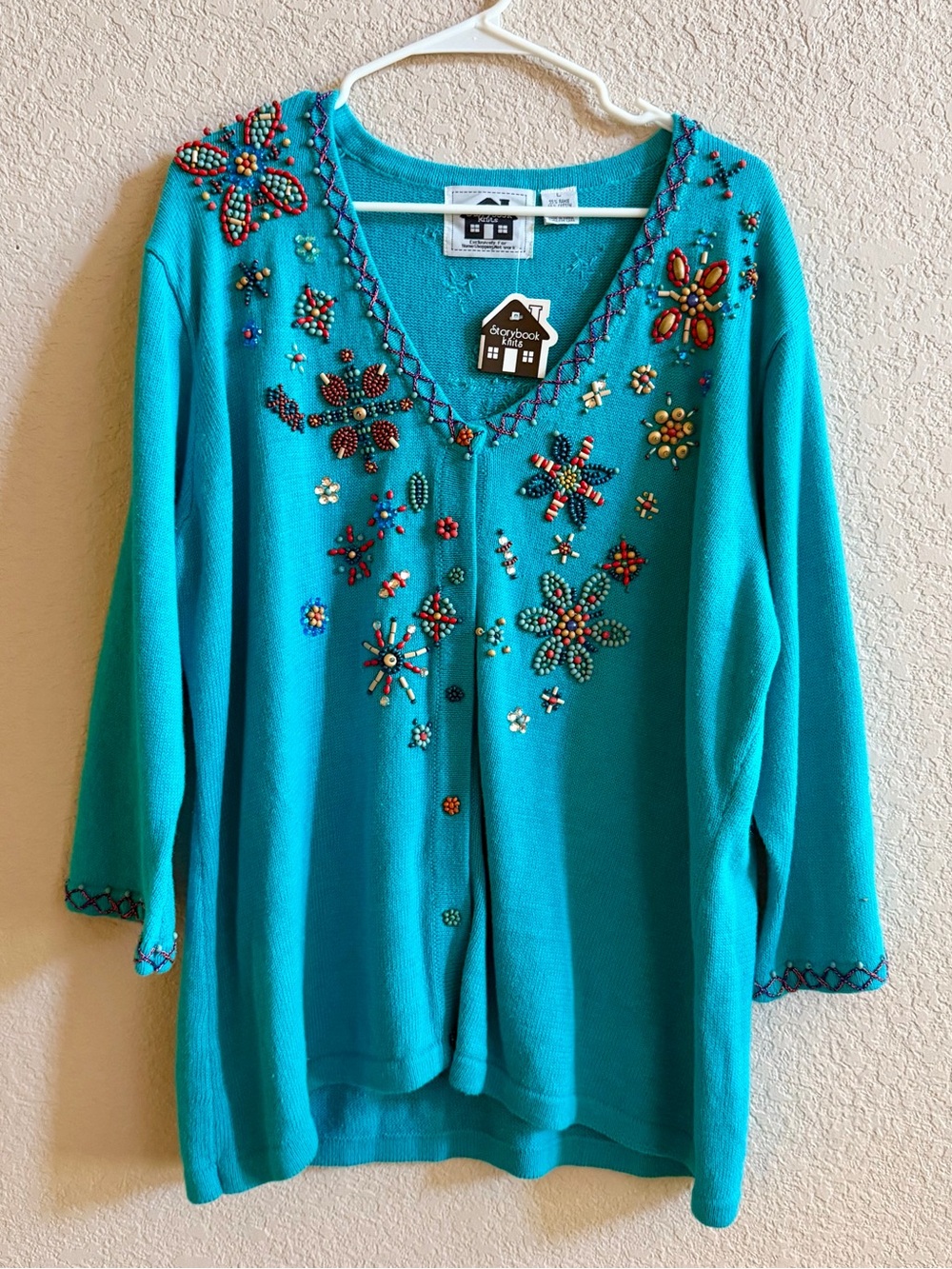 NWT Storybook Knits L Turquoise Beaded Southwest Art-to-Wear Sweater‎ Cardigan